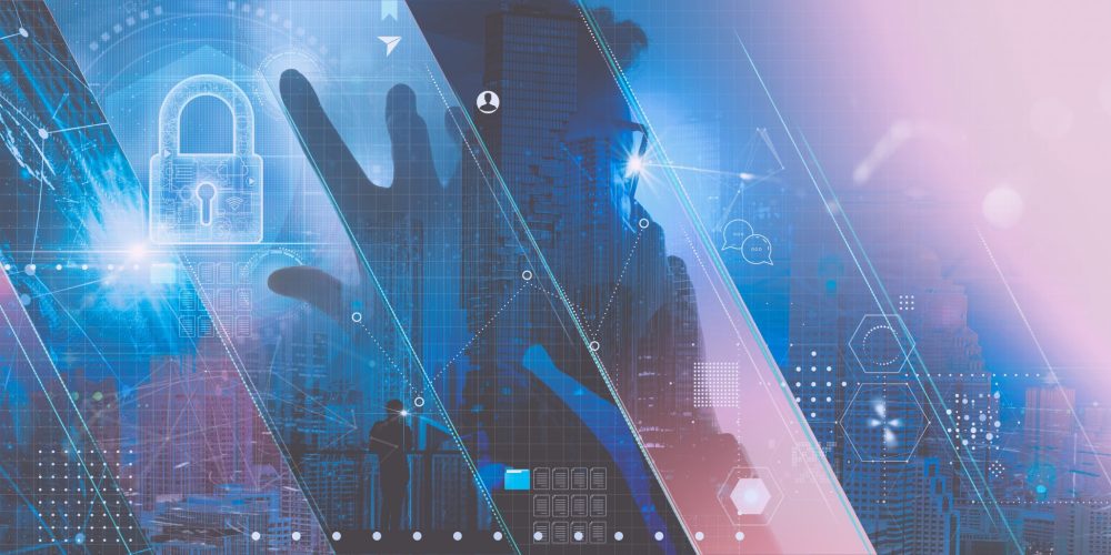 Cyber security global network.Businesswoman protecting data personal information smartphone and virtual interface. Data protection privacy concept. GDPR.Padlock icon and internet technology networking.